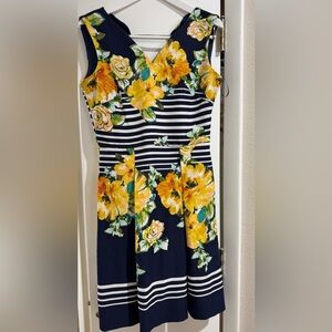 Elegant Yellow Floral Striped Midi Dress